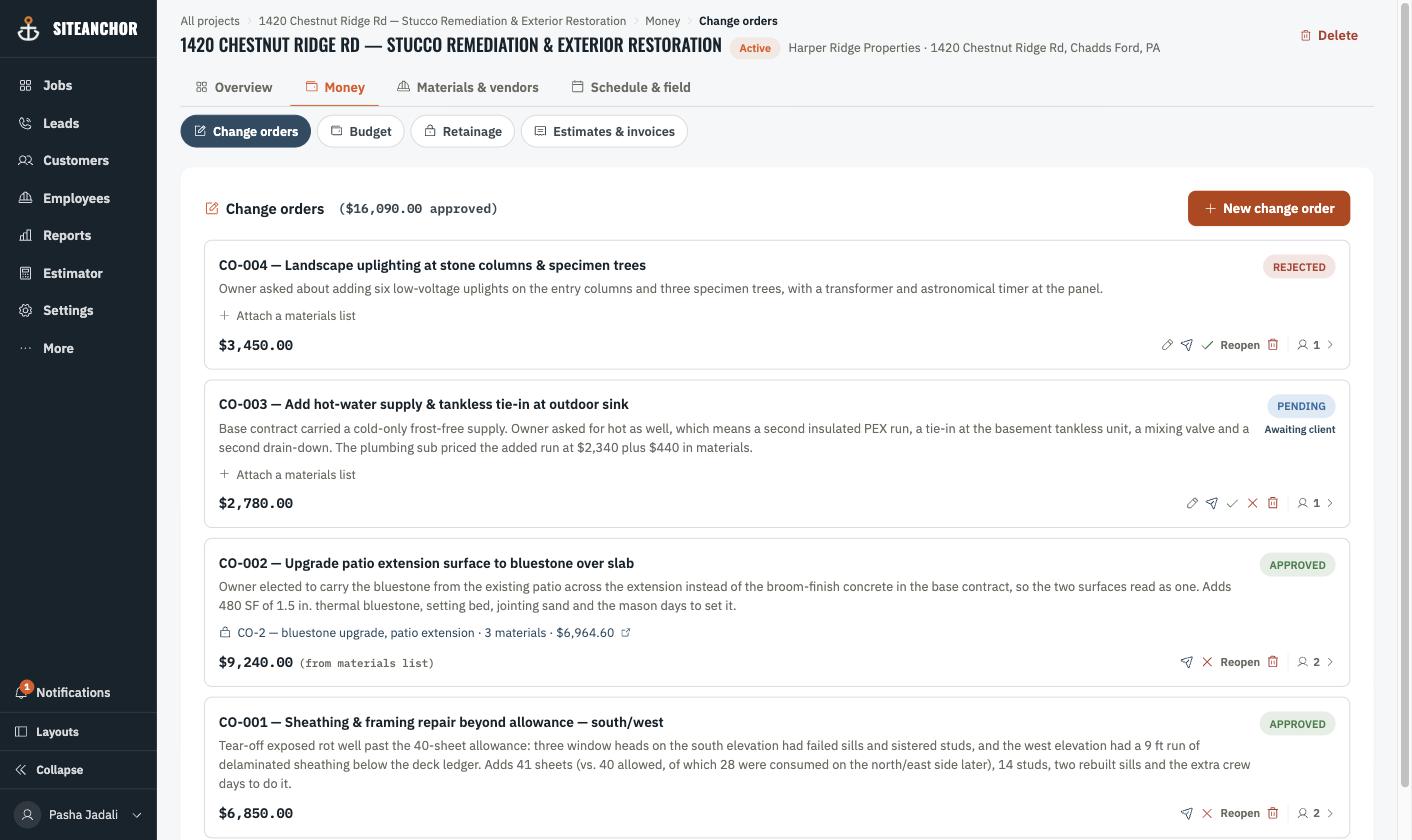 The change order log for a job in SiteAnchor, showing approved, pending and rejected changes with the cost of each.