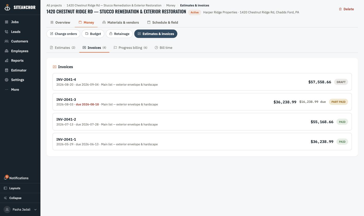 Invoices for a job in SiteAnchor, showing paid, part-paid, draft and overdue amounts against the job.